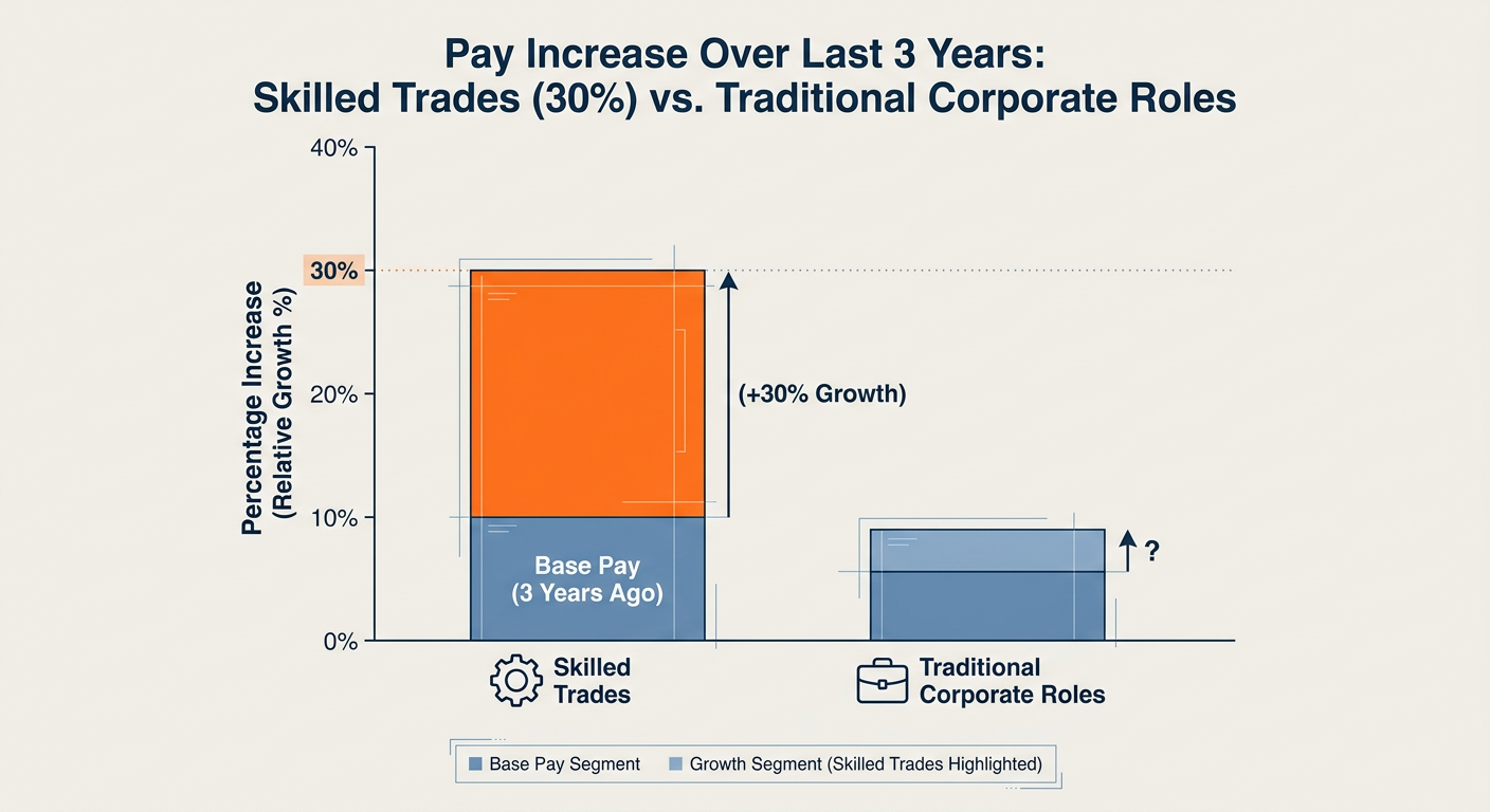 Career progression path showing wage growth from Apprentice to Master Tradesperson vs. average Liberal Arts degree