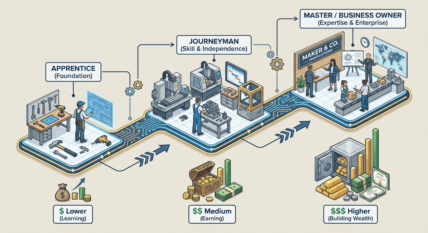 Career progression path showing the journey from Apprentice to Journeyman to Master/Business Owner with income potential