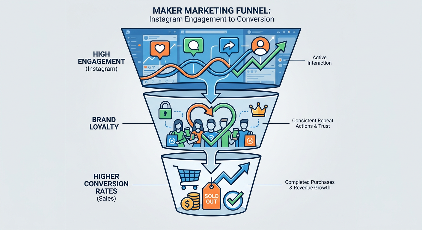 The Maker Business Funnel - Social Media Engagement leading to Email List and Final Sale