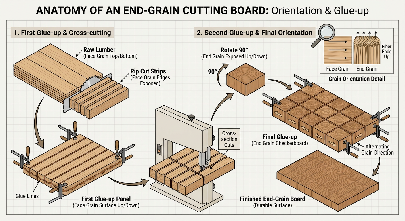 Exploded view of a custom end-grain cutting board assembly