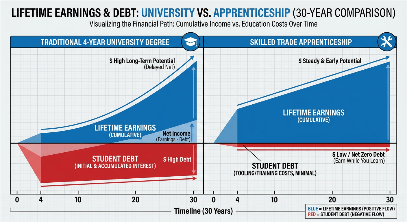 Comparison of lifetime earnings and debt: Traditional 4-Year University vs. Skilled Trade Apprenticeship