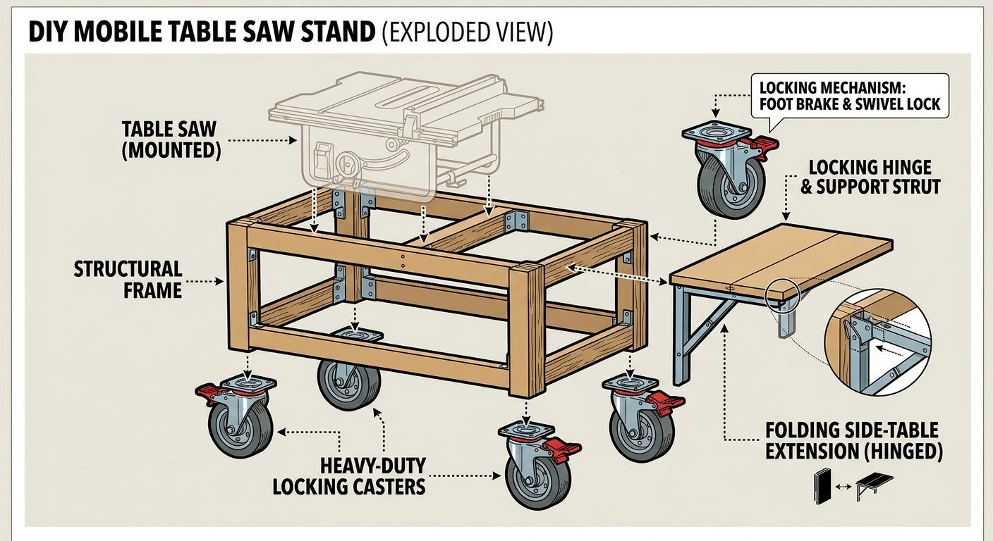 Exploded view of a mobile table saw stand with integrated dust collection
