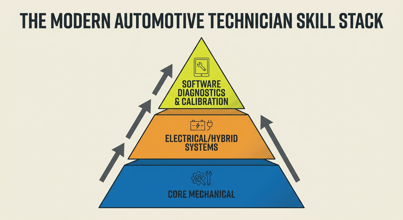 The modern automotive technician skill stack, showing the intersection of mechanical skill, electrical knowledge, and software diagnostics