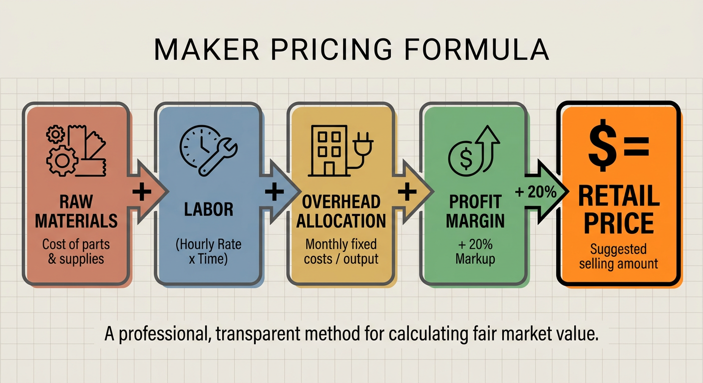 Pricing formula for handmade goods including materials, hourly labor, overhead, and a 20% growth margin