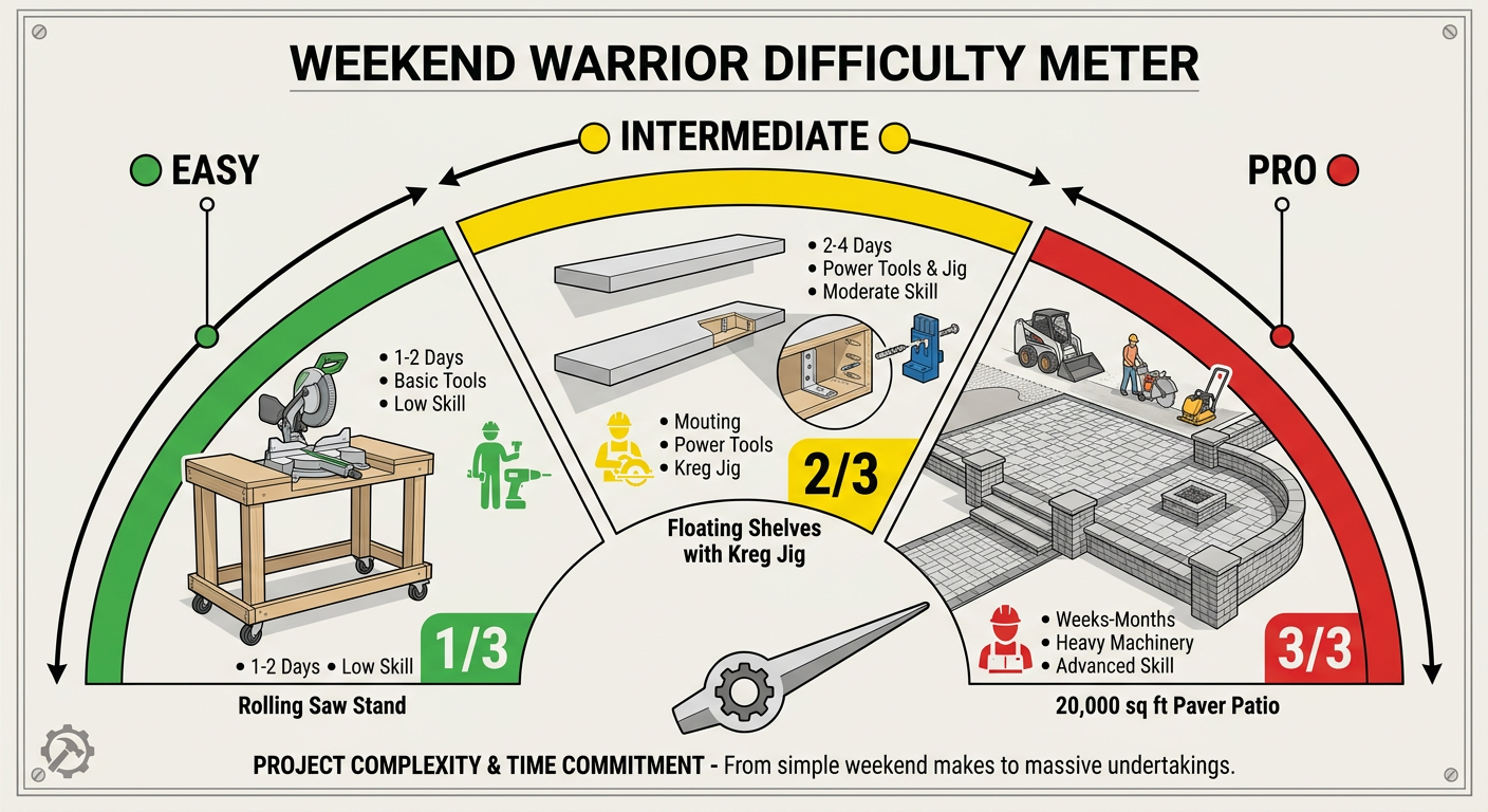 Comparison of DIY project difficulty levels: Mobile Tool Stand (Easy), Built-in Shelving (Medium), Full Hardscape Patio (Advanced)