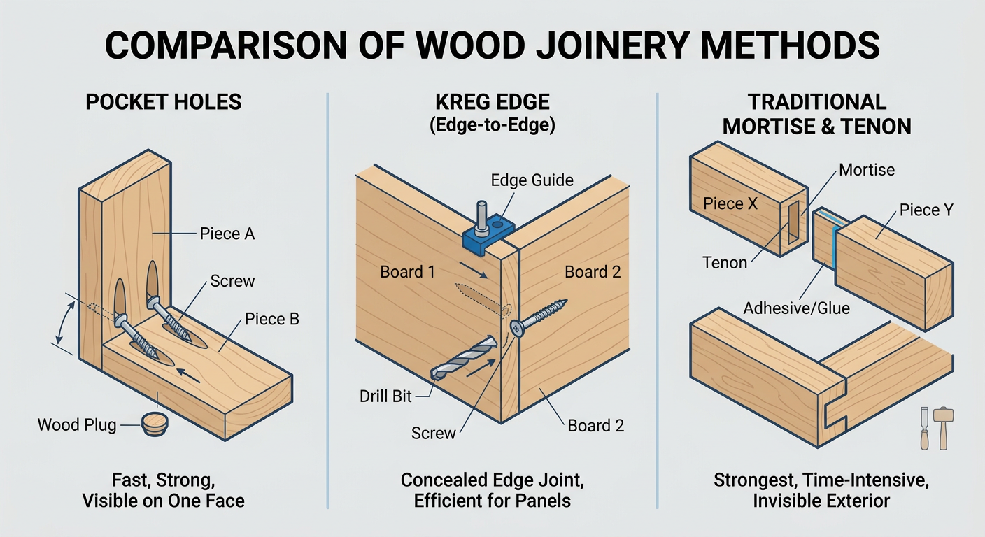 Comparison of Joinery Methods: Pocket Holes vs. Kreg Edge vs. Traditional Mortise and Tenon