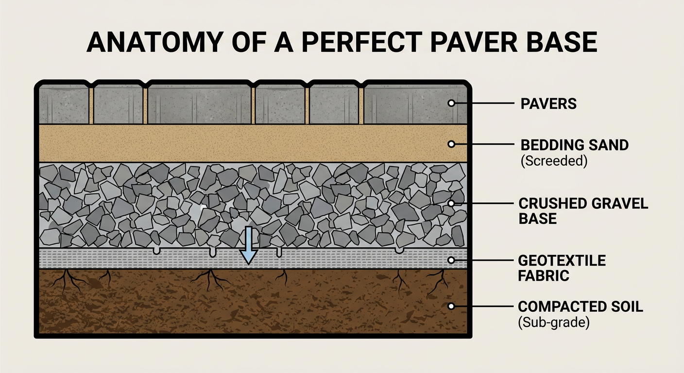 Anatomy of a Perfect Paver Base: Soil, Geotextile, Gravel, Sand, and Pavers