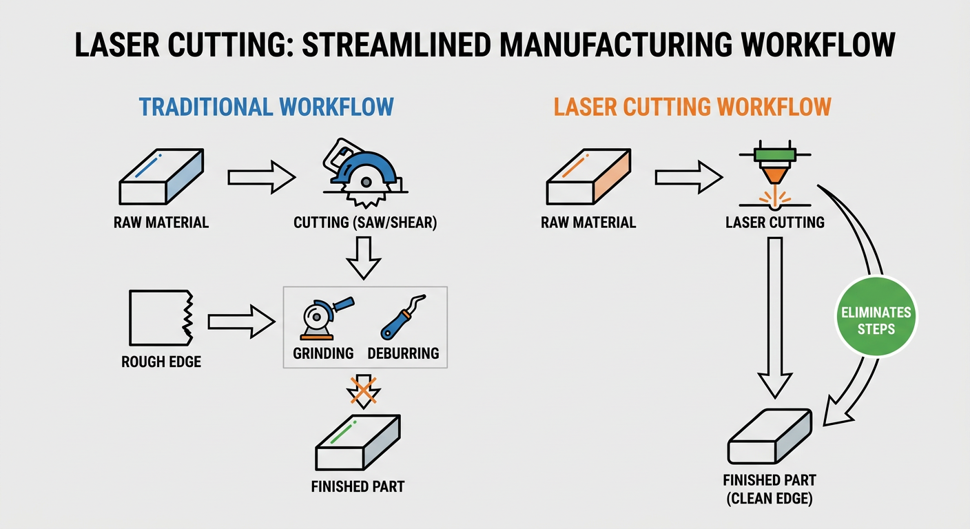 Flowchart showing how laser cutting eliminates secondary processing steps like grinding and deburring