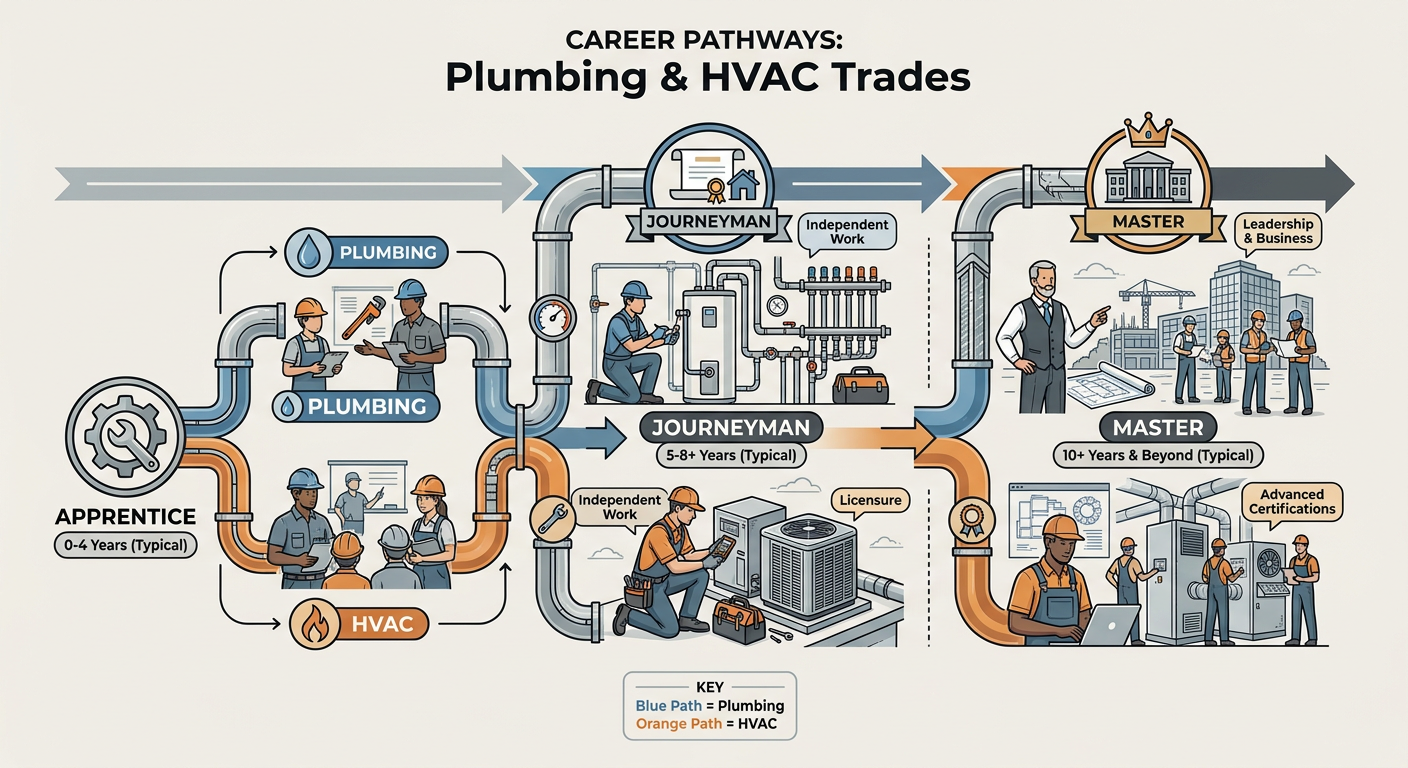 Career timeline from Apprentice to Journeyman to Master Plumber/HVAC Tech