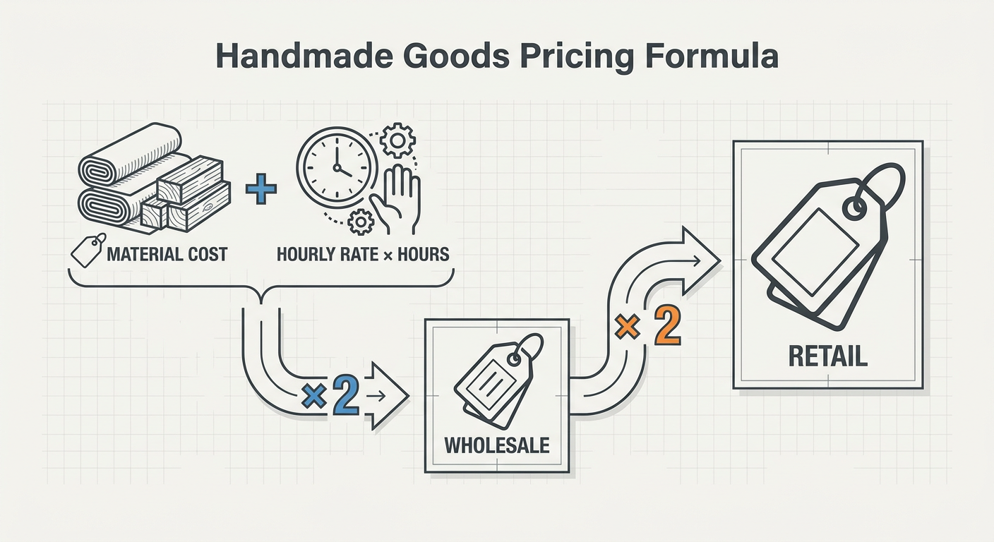 Pricing formula for handmade goods including Labor, Materials, Overhead, and Profit Margin