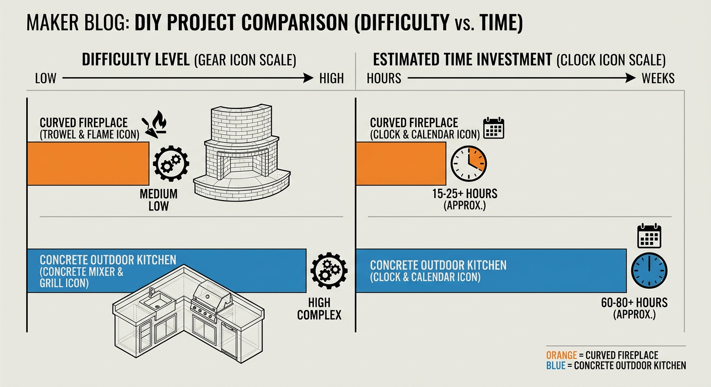 Difficulty vs Time comparison for the Curved Fireplace, Concrete Kitchen, and CNC Sign projects