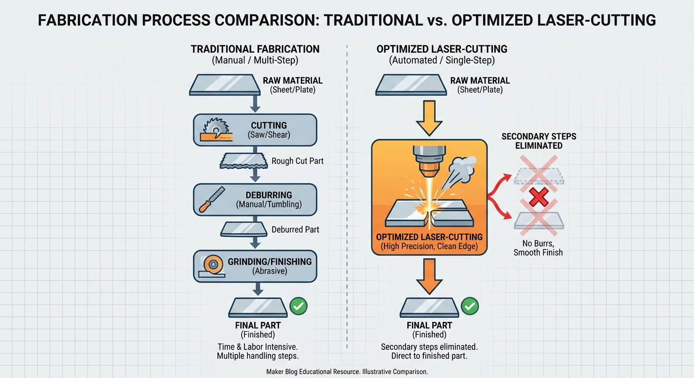 Comparison of traditional blanking vs. laser cutting workflow showing eliminated secondary steps