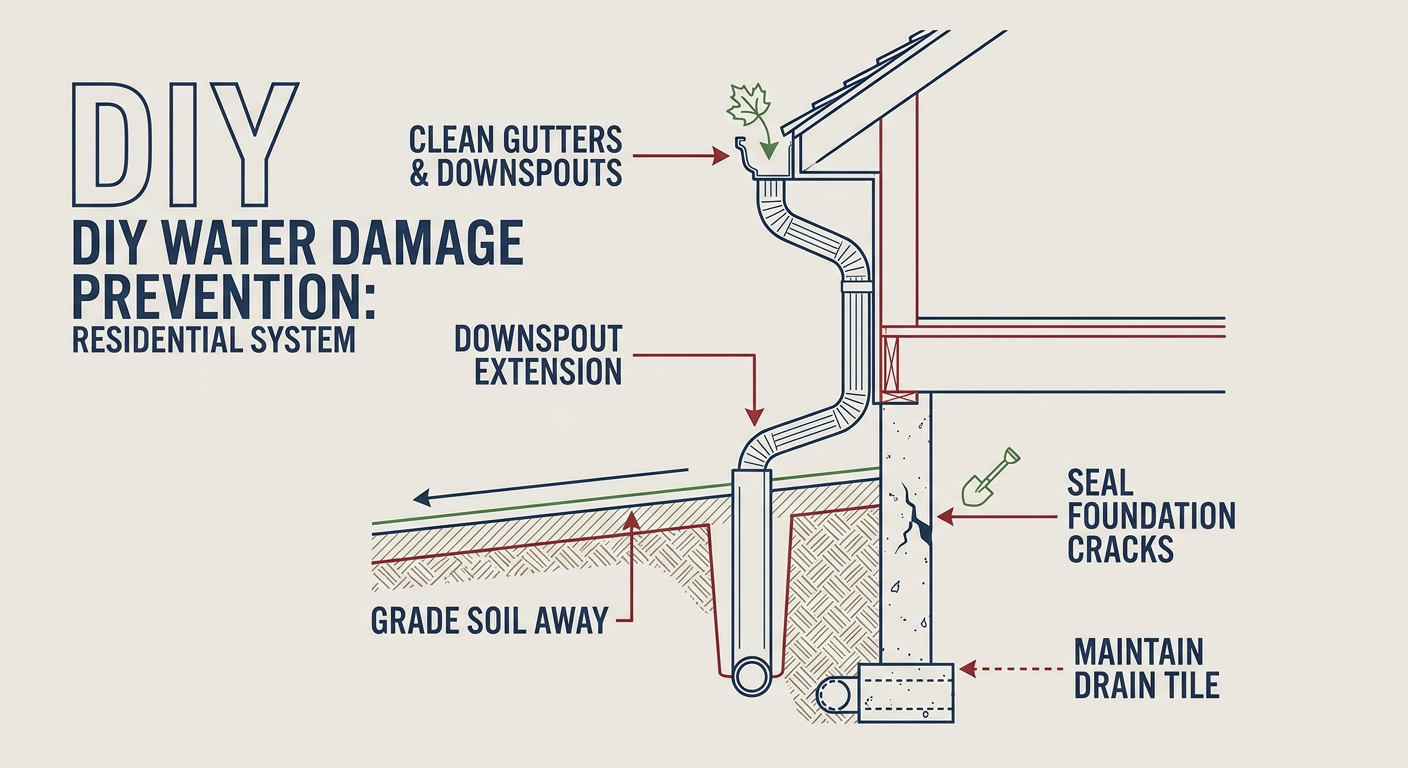 Simple diagram of a home drainage system highlighting key inspection points for DIYers