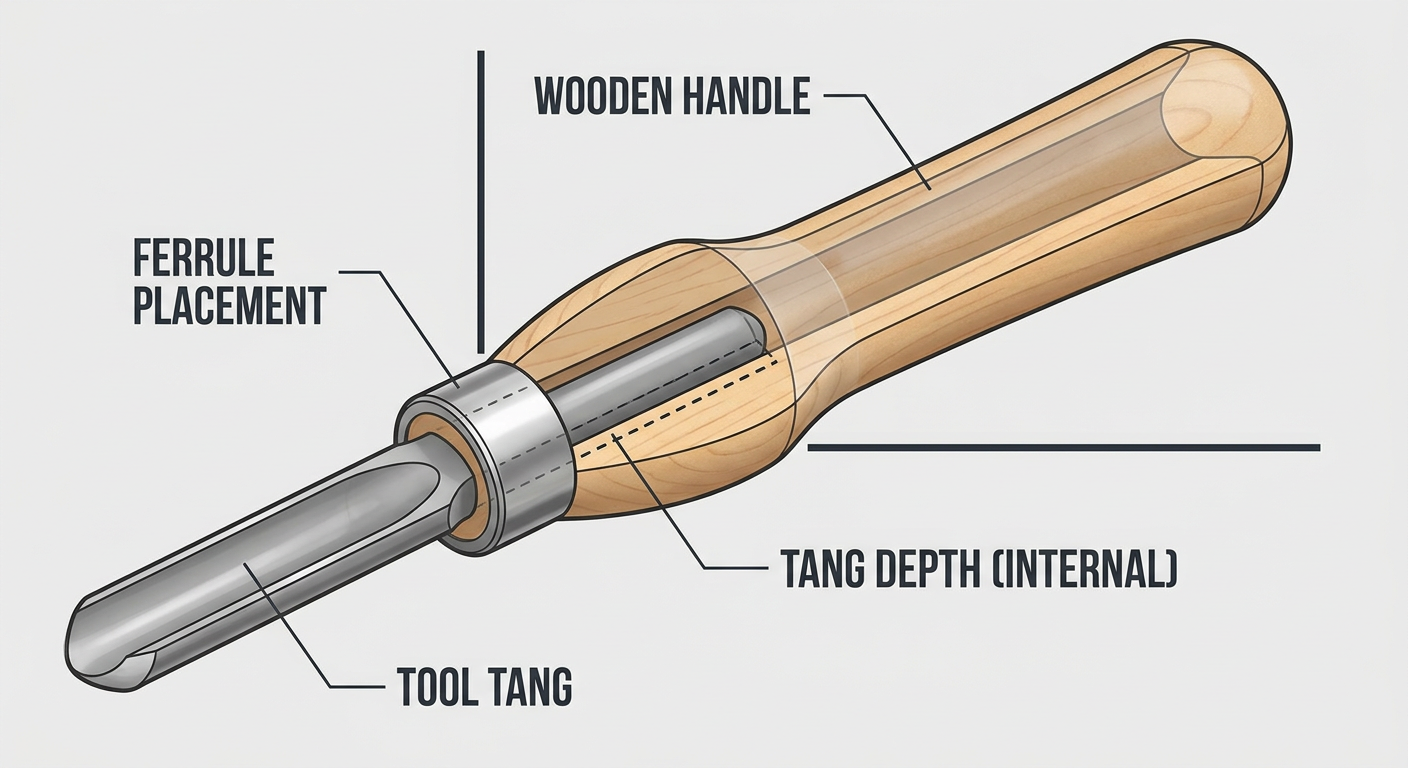 Anatomy of a custom-turned gouge handle showing tang depth and ferrule placement
