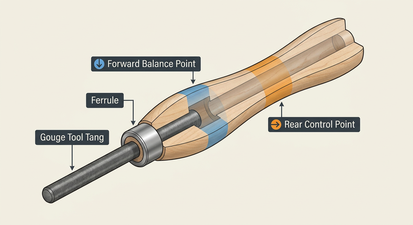 Anatomy of a Custom Lathe Gouge Handle highlighting balance points