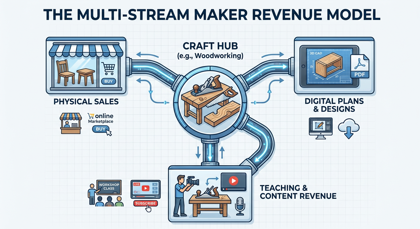 The Multi-Stream Maker Revenue Model showing physical goods, digital plans, and consulting