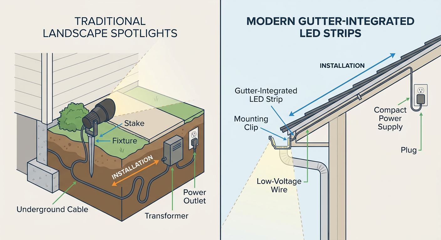 Comparison of gutter-integrated lighting vs. traditional landscape lighting