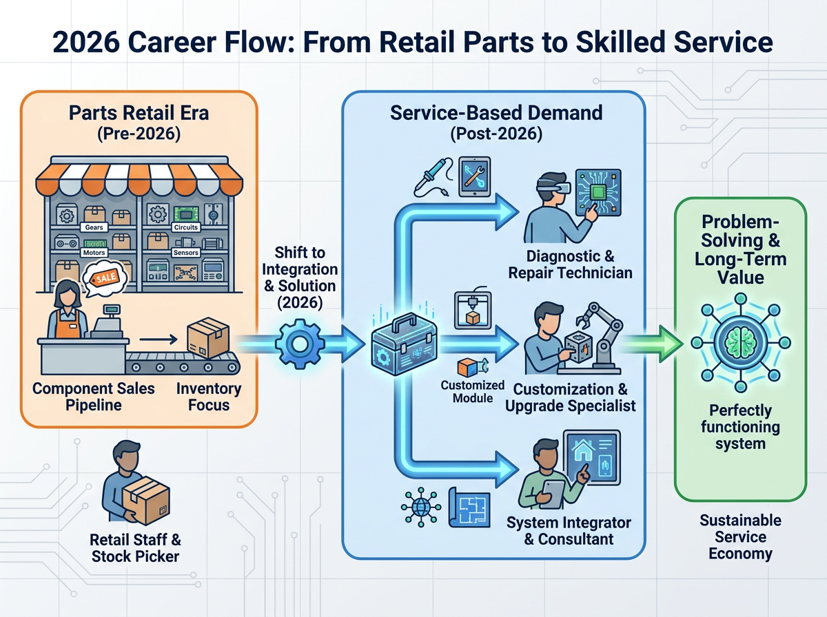 Flowchart showing the shift from parts retail to service-based career demand in 2026