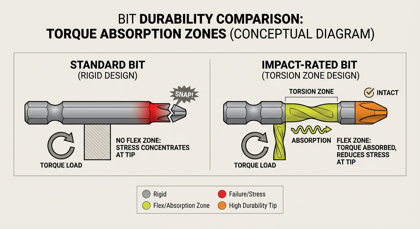Comparison chart of standard vs. impact-rated bit durability and torque absorption