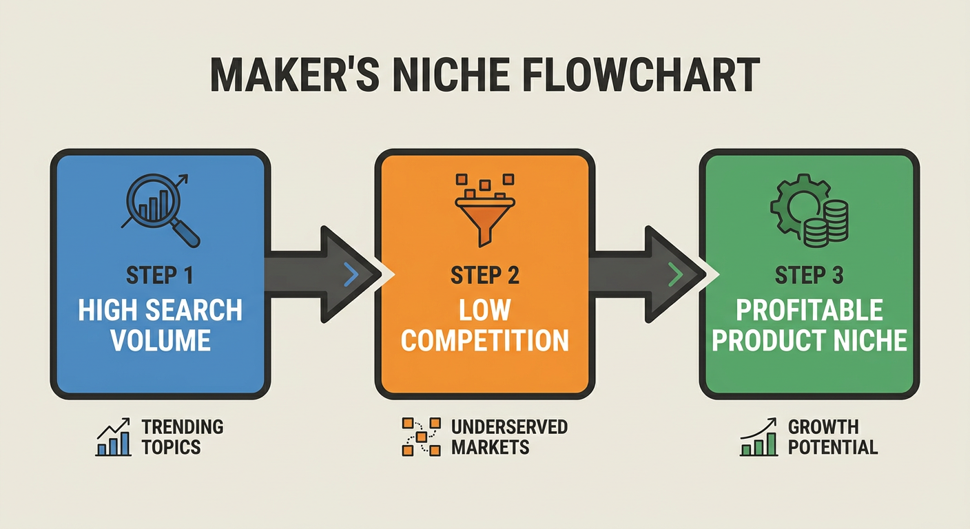 Flowchart showing how to pick a product niche based on Search Volume vs. Competition