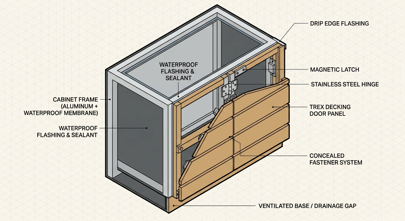 Layered cross-section of a durable outdoor kitchen cabinet build