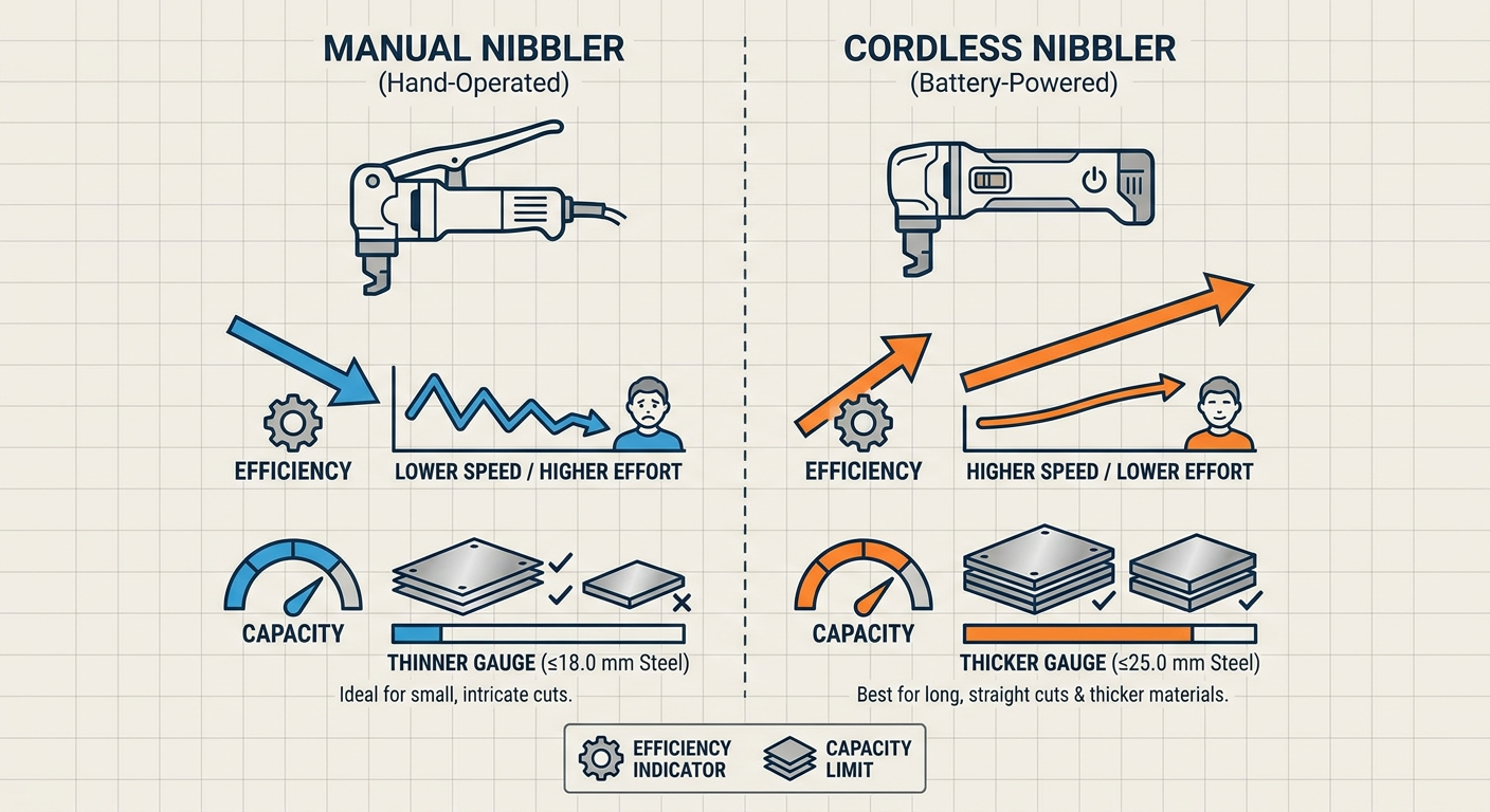 Comparison of manual vs. cordless nibbler cutting efficiency and material thickness capacity