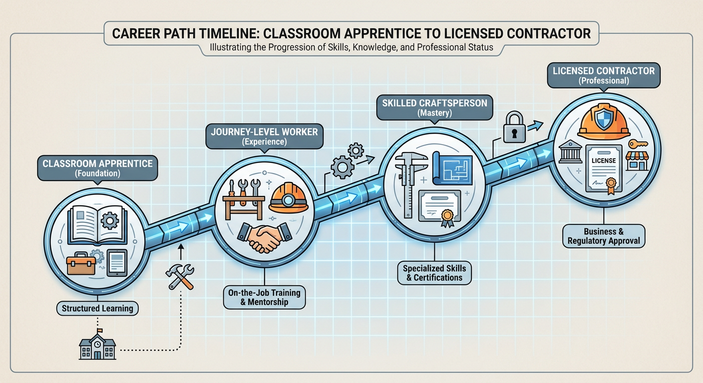 Career Path Timeline from Classroom Apprentice to Licensed Contractor