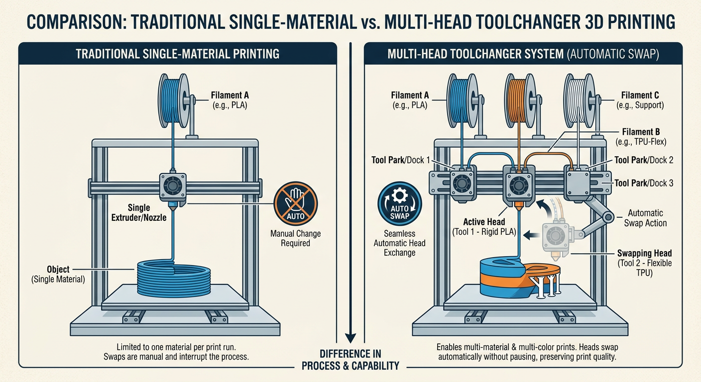 Comparison of traditional single-material printing vs. a Toolchanger system