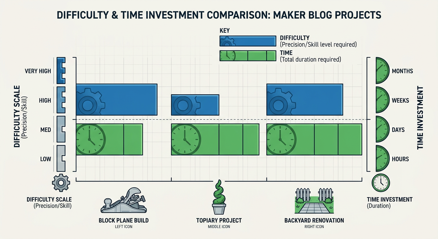 Difficulty and Time Investment Comparison for the three DIY projects mentioned