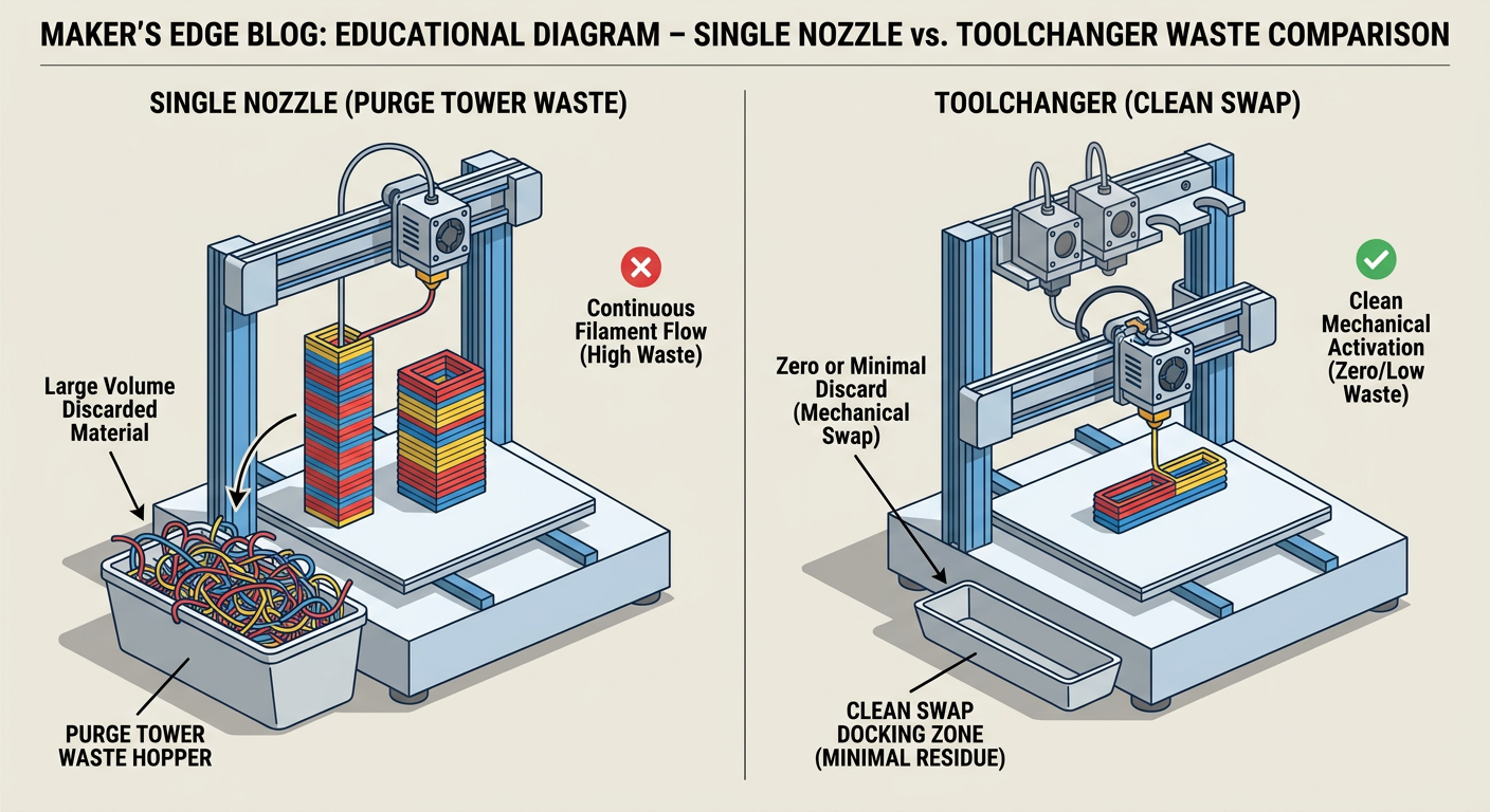 Comparison of Single Nozzle vs. Toolchanger 3D Printing waste and efficiency