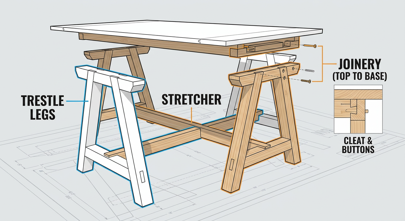 Anatomy of a Trestle Table showing key joinery points