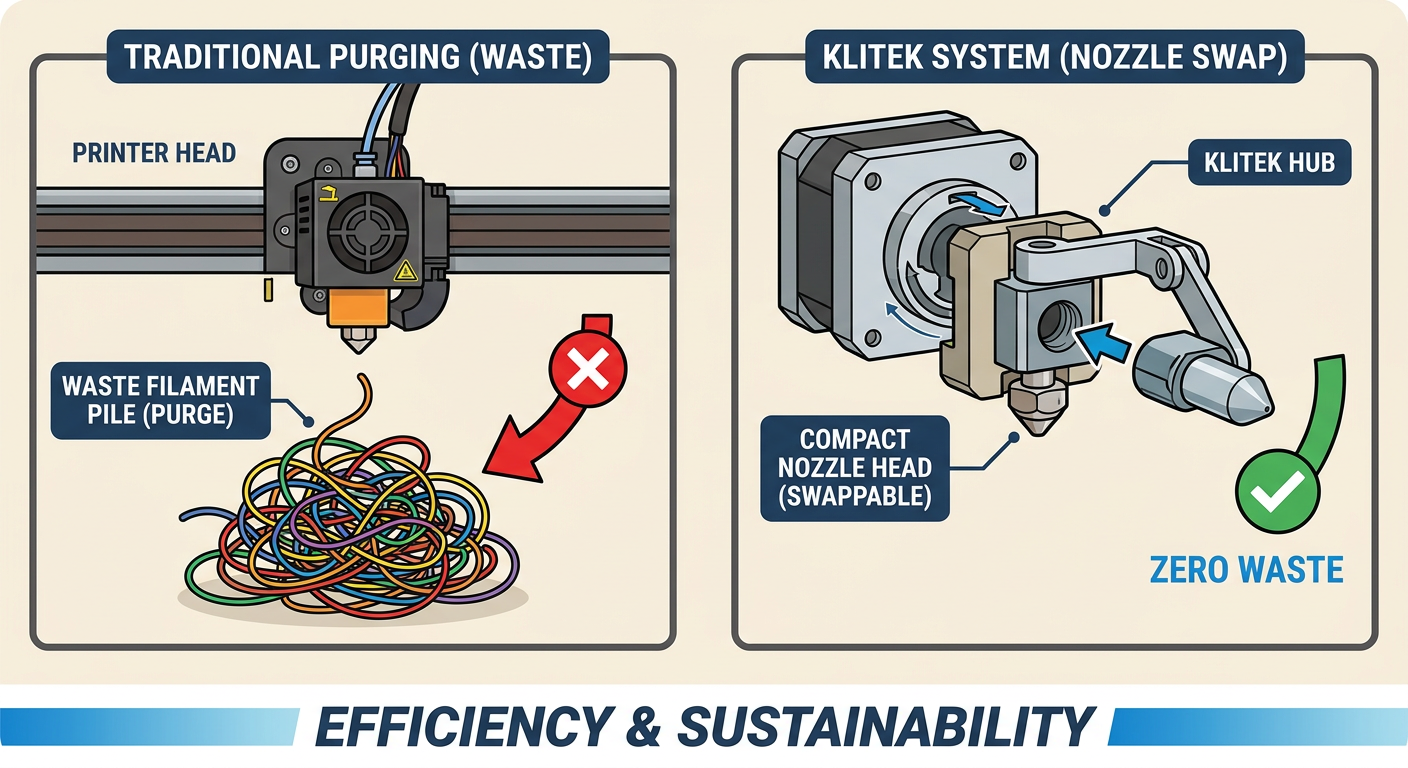 Comparison between traditional filament purging/pooping vs. the KliTek toolchanger nozzle swapping system