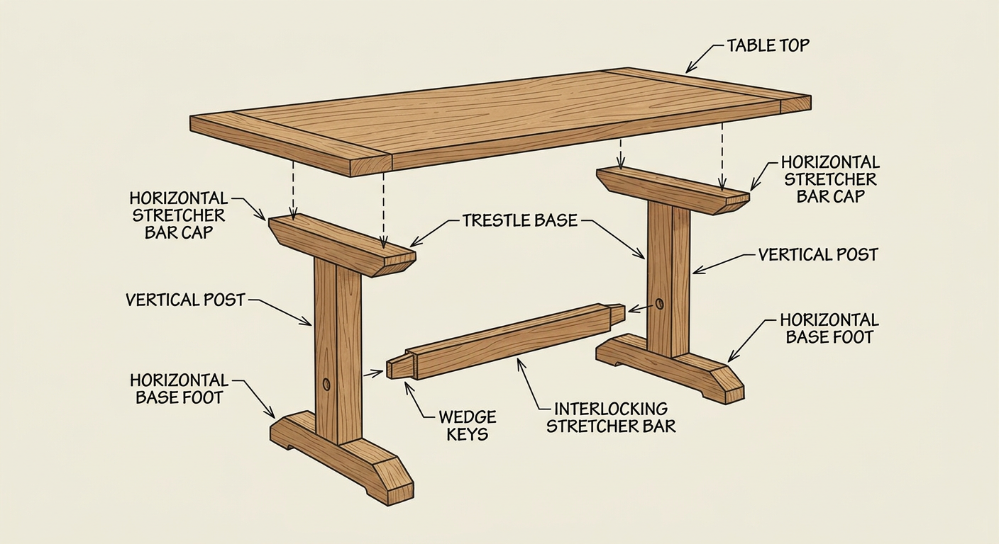 Trestle table assembly breakdown showing the base, stretcher, and tabletop connection points
