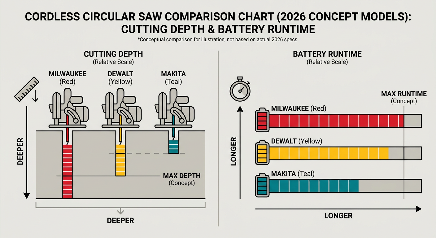 Comparison chart of cordless circular saw cutting depths and battery runtimes