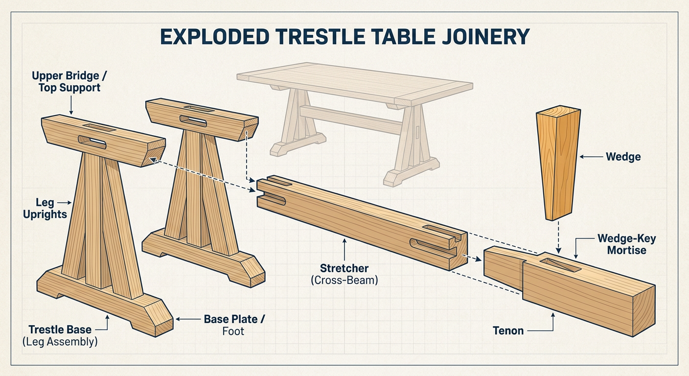 Exploded view of a classic Trestle Table base joinery