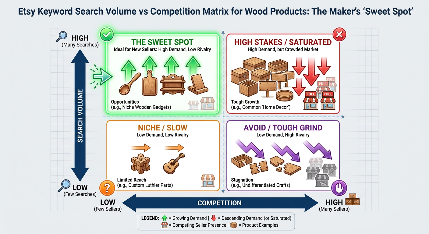Etsy Keyword Search Volume vs. Competition Matrix for Wood Products