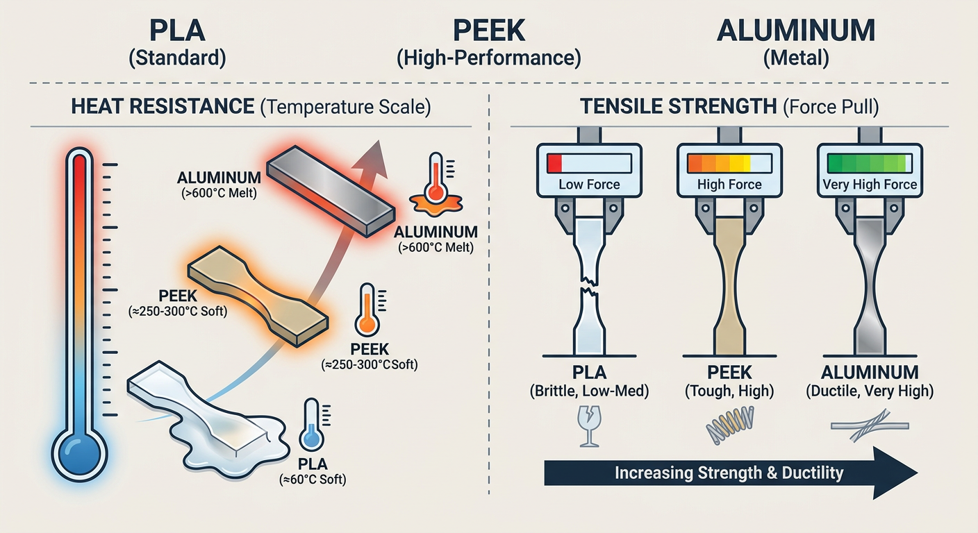 Comparison of PEEK polymer properties vs standard PLA and Aluminum