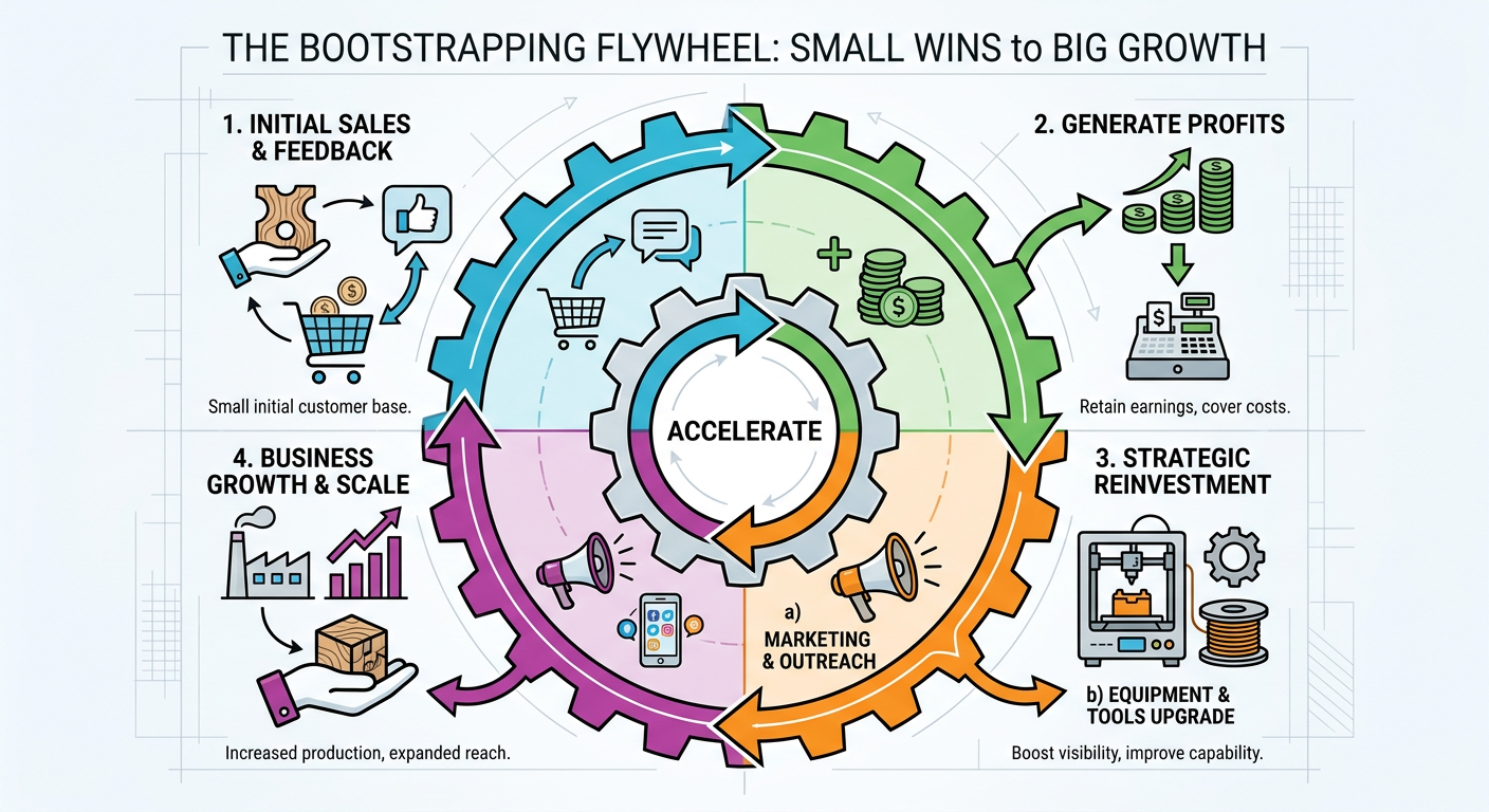 The Bootstrapping Flywheel showing how small profits reinvested lead to growth