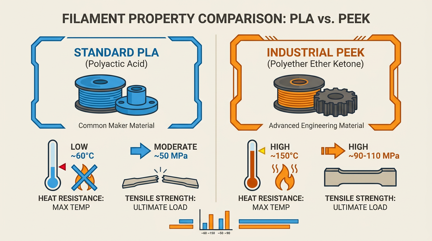 Comparison of standard PLA filament vs. Industrial PEEK properties