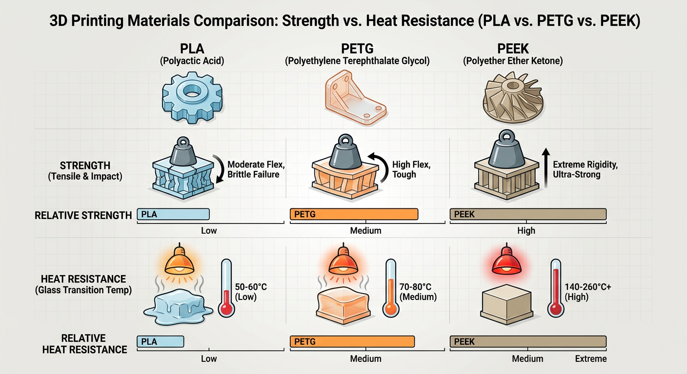 Comparison of 3D printing materials: PLA vs. PETG vs. PEEK highlighting strength and heat resistance