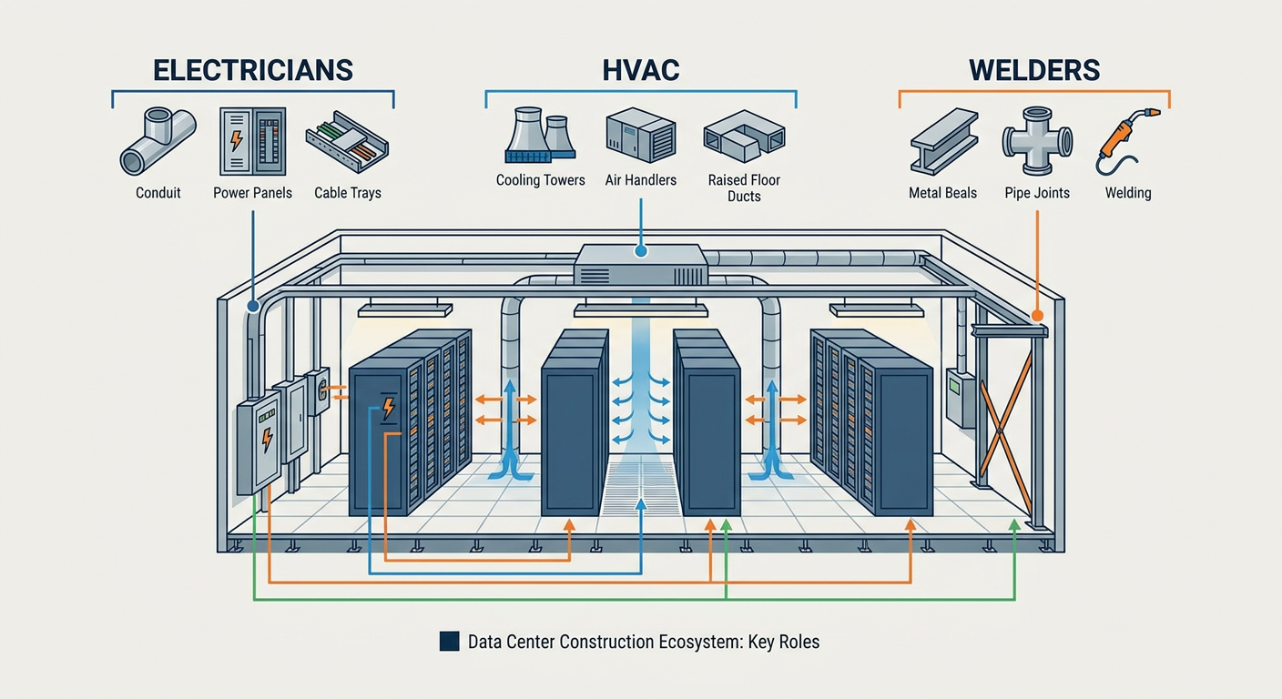 The Data Center Construction Ecosystem showing roles for Electricians, HVAC, and Welders