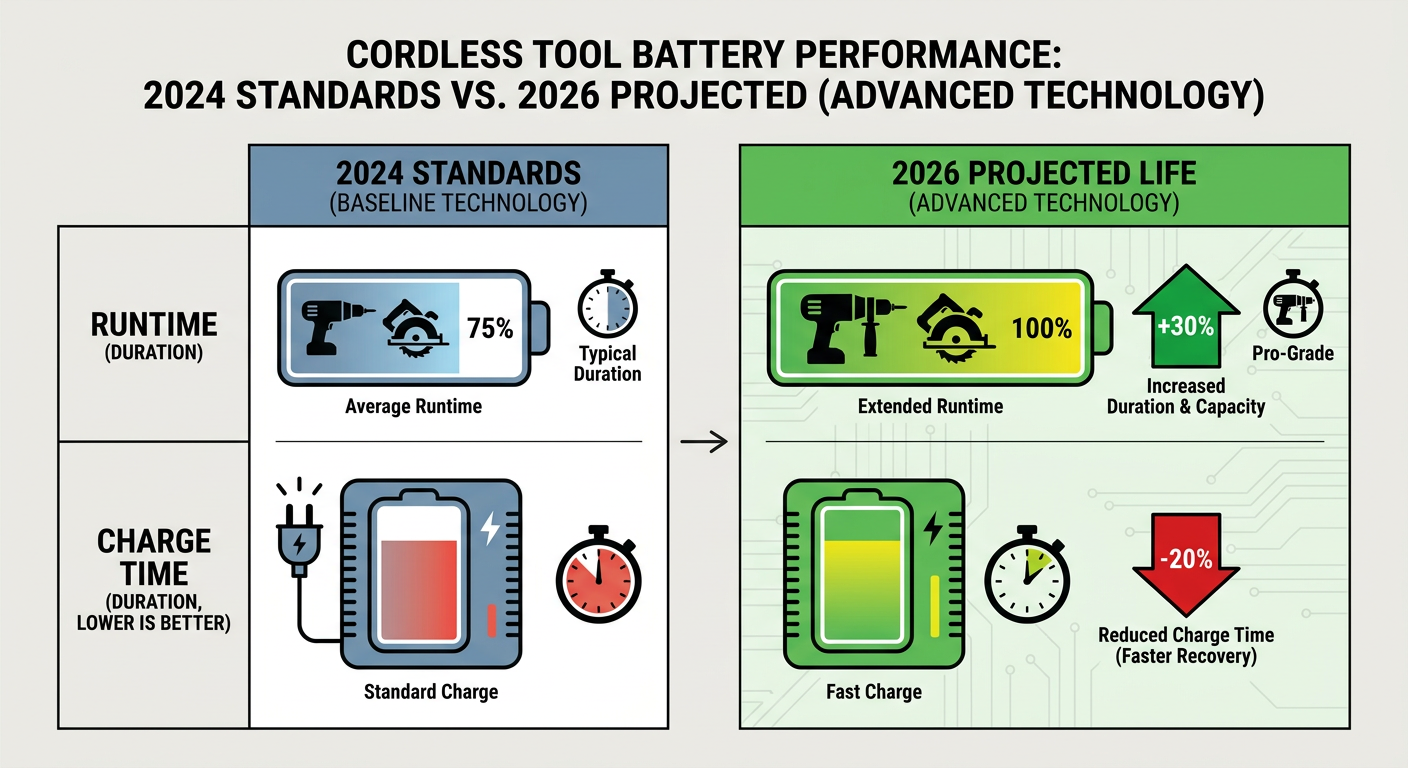 Comparison chart of 2026 Cordless Tool Battery Life vs. 2024 Standards