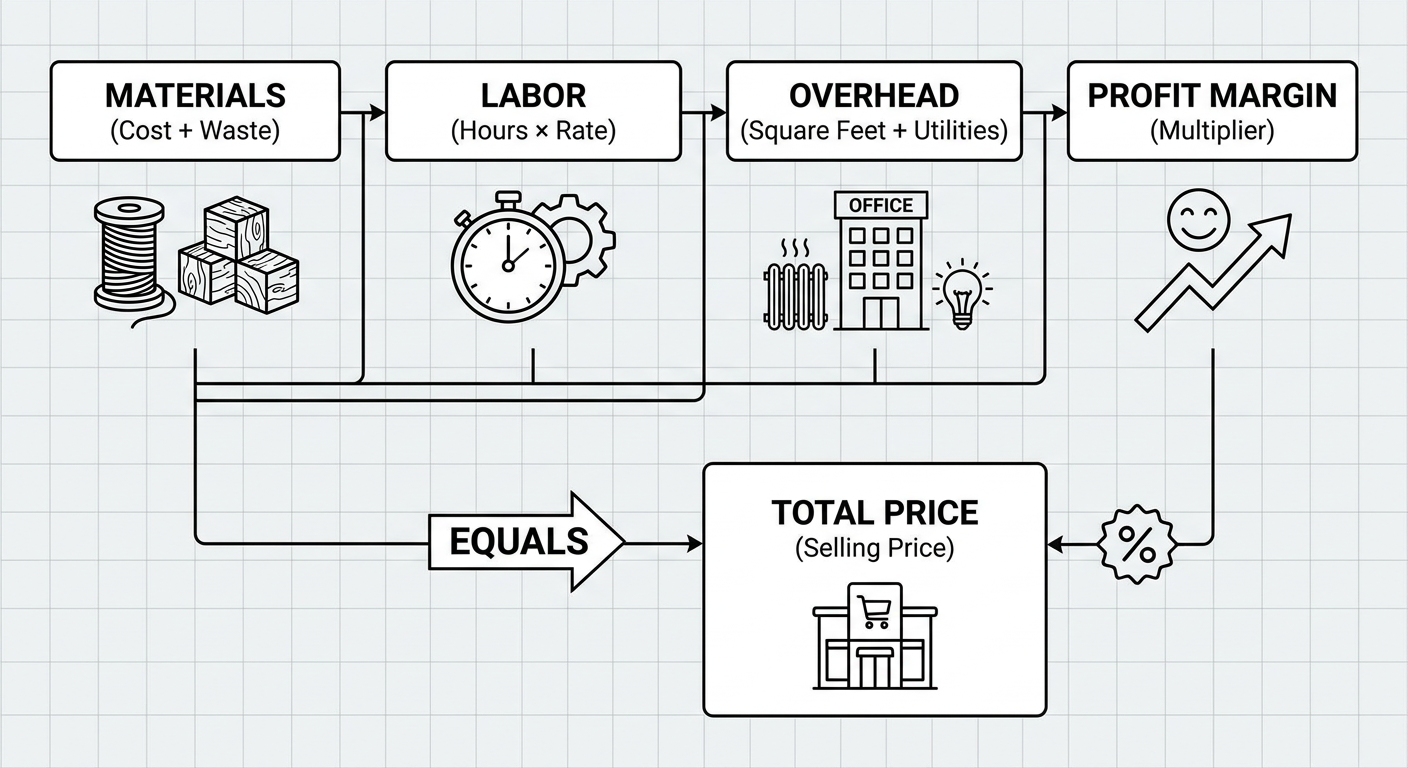 Formula for pricing handmade goods: (Materials + Labor + Overhead) x Profit Margin