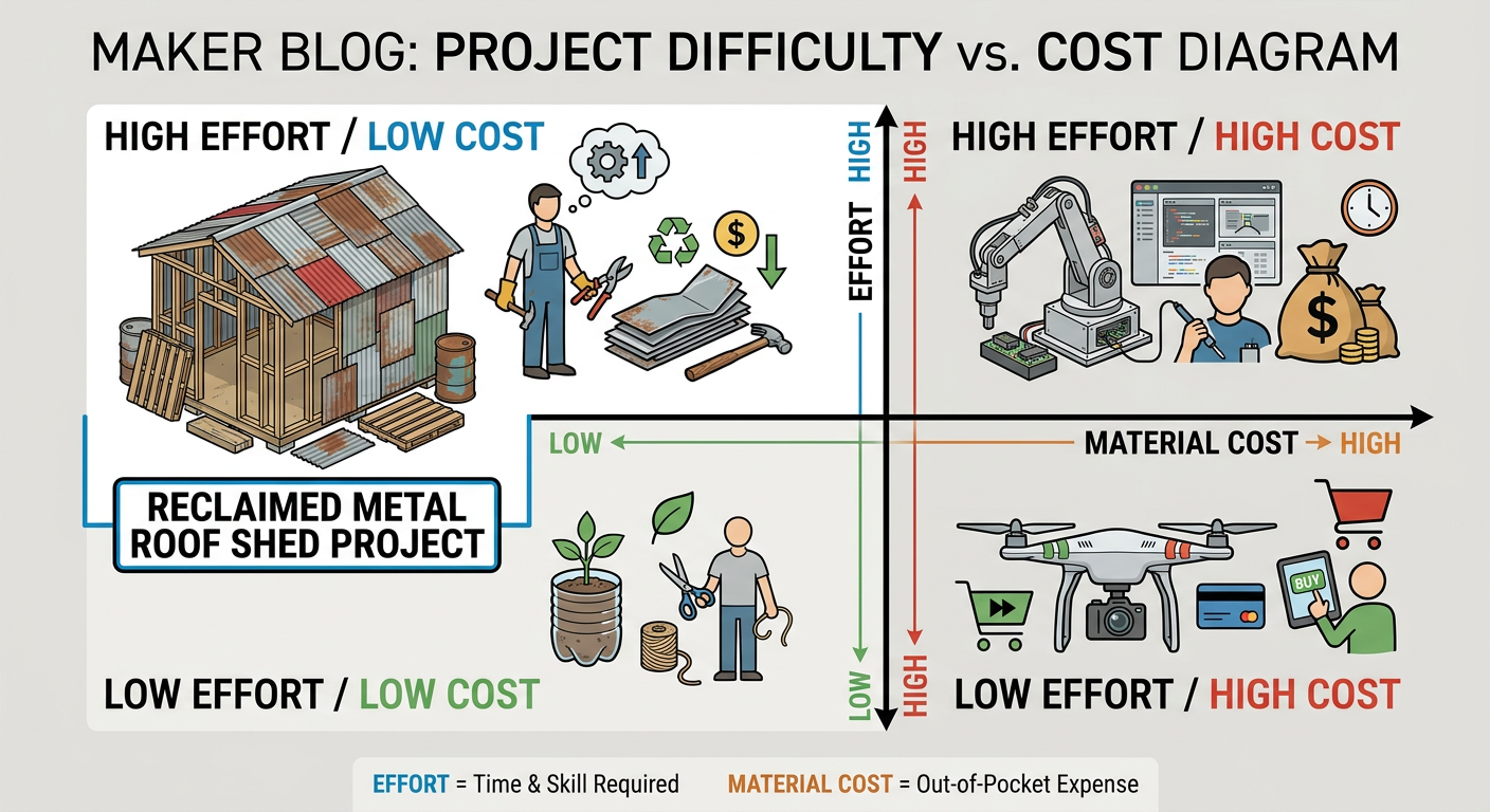 Difficulty vs. Cost breakdown for the Reclaimed Metal Roof Shed project