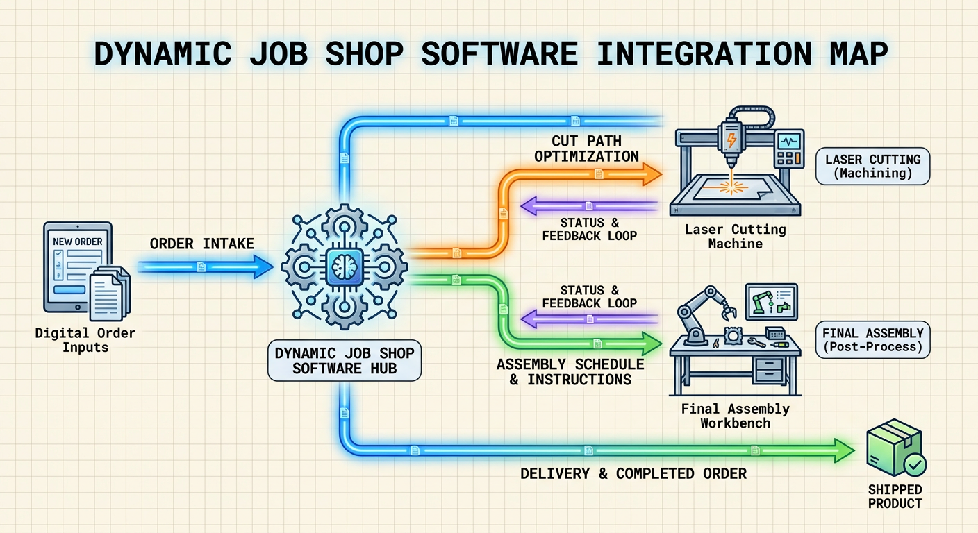 Integration map showing how Dynamic Job Shop software connects order intake to laser cutting and final assembly