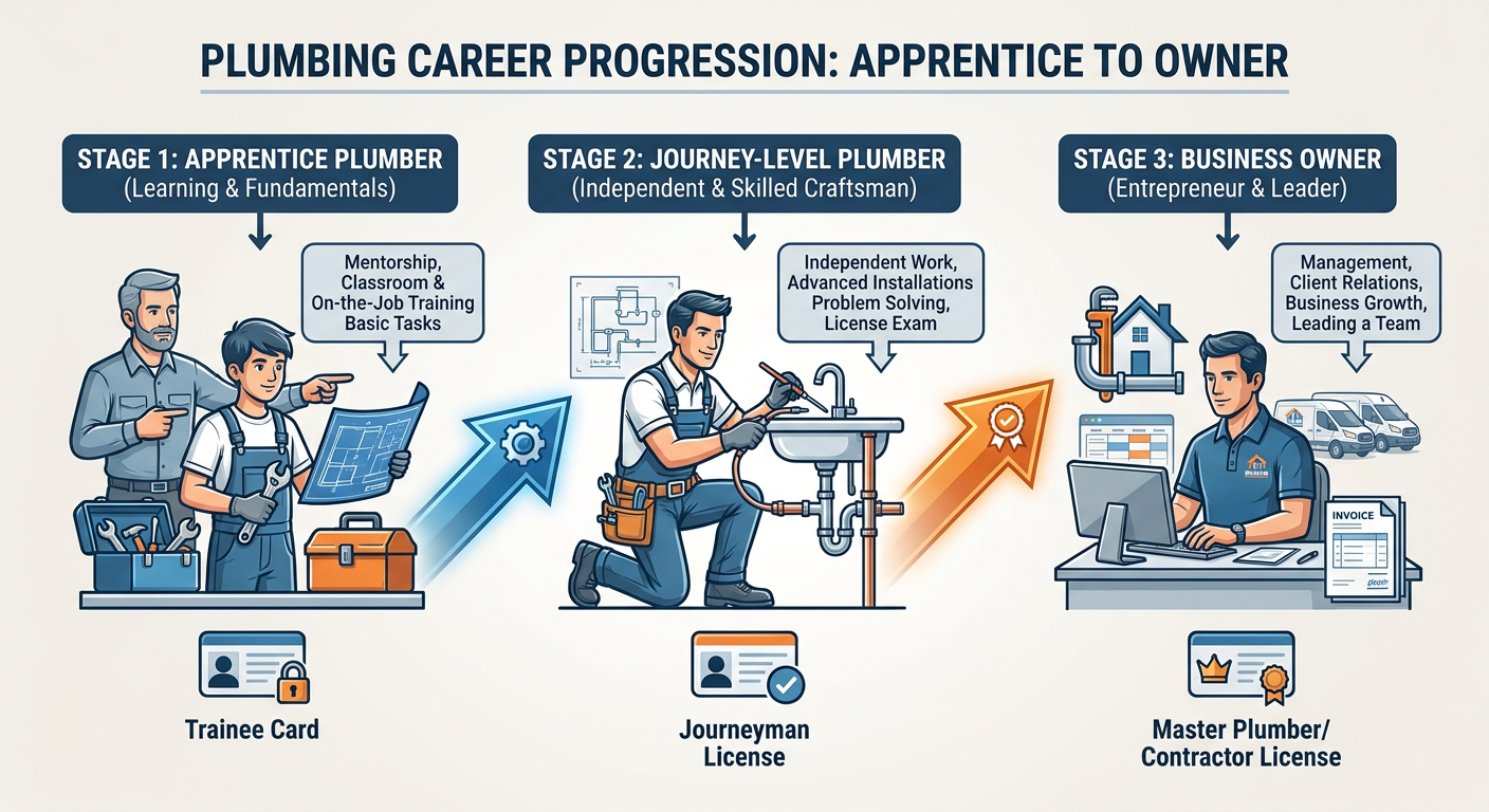 Career progression path from apprentice to journey-level plumber to business owner