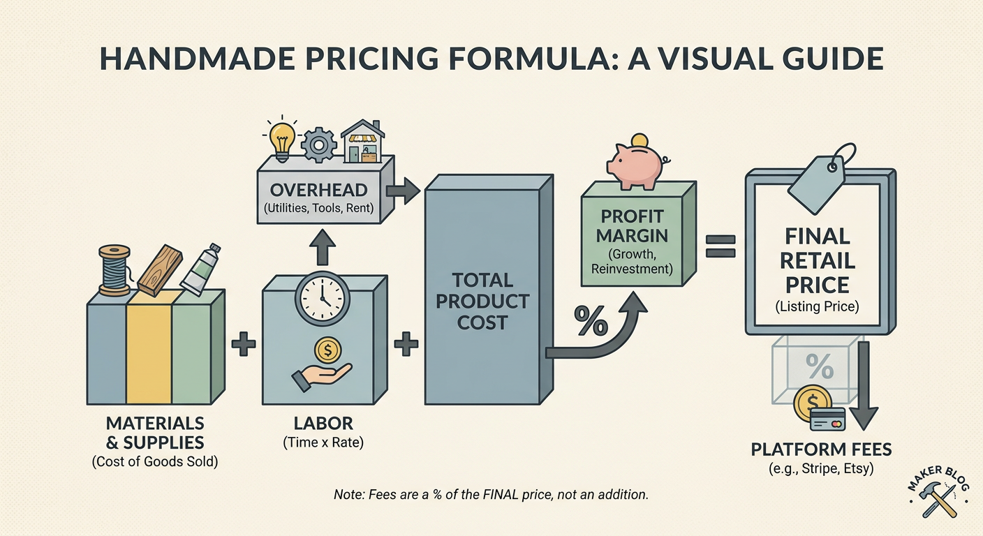 Pricing formula for handmade goods including labor, overhead, and platform fees