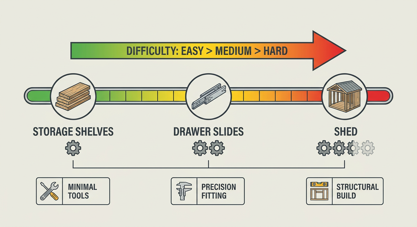 Difficulty comparison chart for the three DIY projects: Shed, Drawer Slides, and Storage Shelves