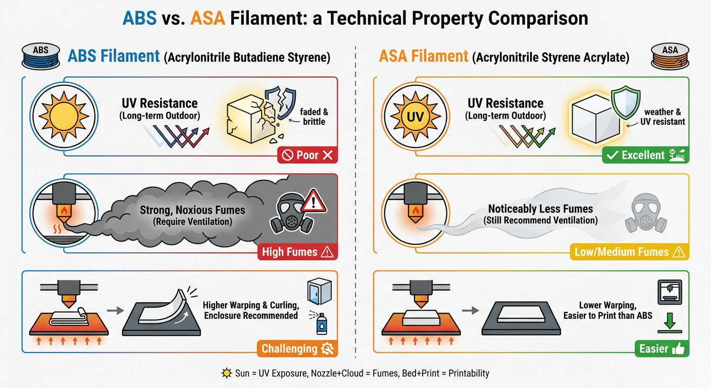 Comparison chart of ABS vs ASA filaments showing UV resistance, fumes, and ease of use