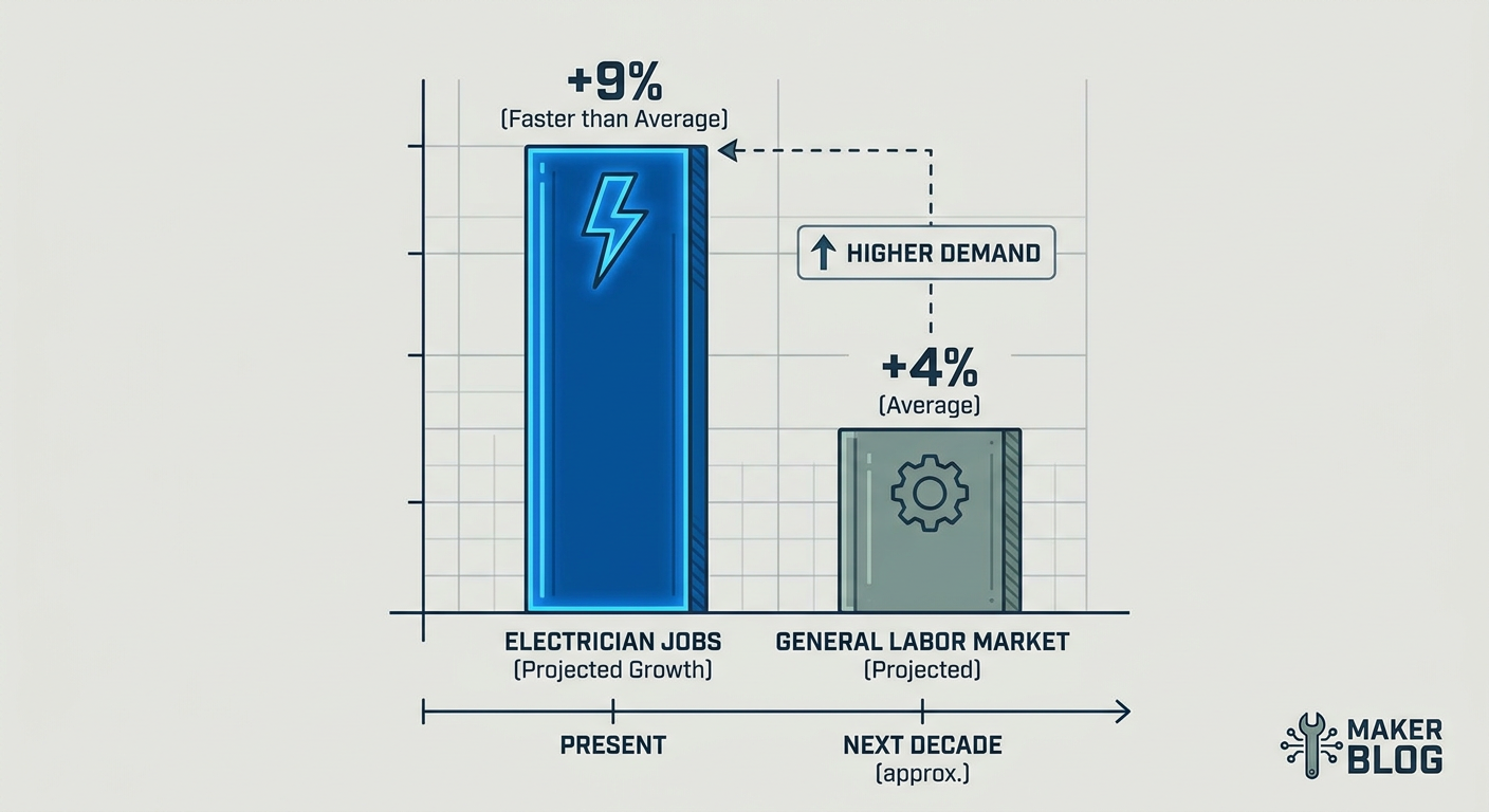 Percentage growth comparison of Electrician jobs vs general labor market over the next decade